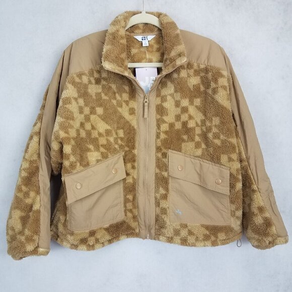 +NEW Joy Lab Size M Oversized Loose Fit Fleece Jacket in Sand Brown Geo Print - Picture 1 of 7